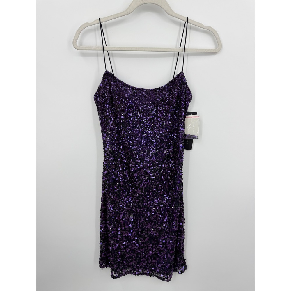 Aidan Mattox Sequin Tank Dress Women Size 2 Purple Black Spaghetti Strap Mini
